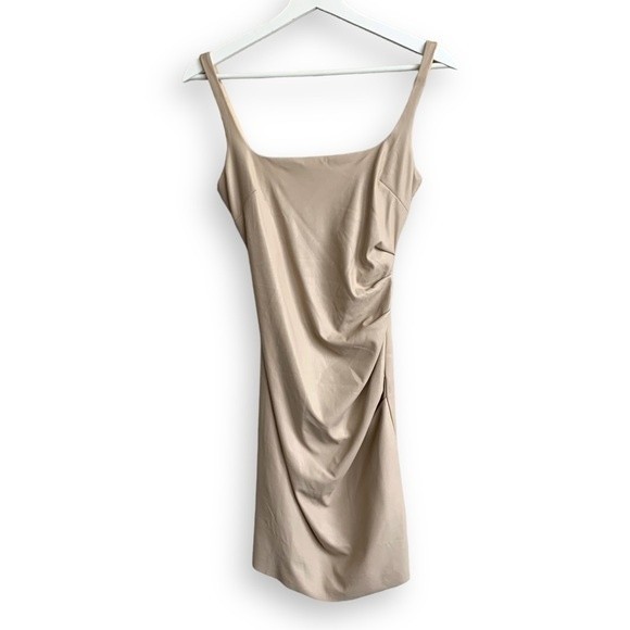 Bec + Bridge Mini Dress Vegan Leather Ruched Tuck Neutral Tan - Picture 6 of 16